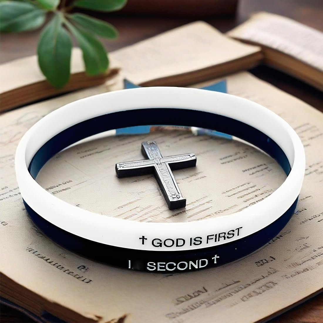 Bracelet with cross design and 'GOD IS FIRST' text